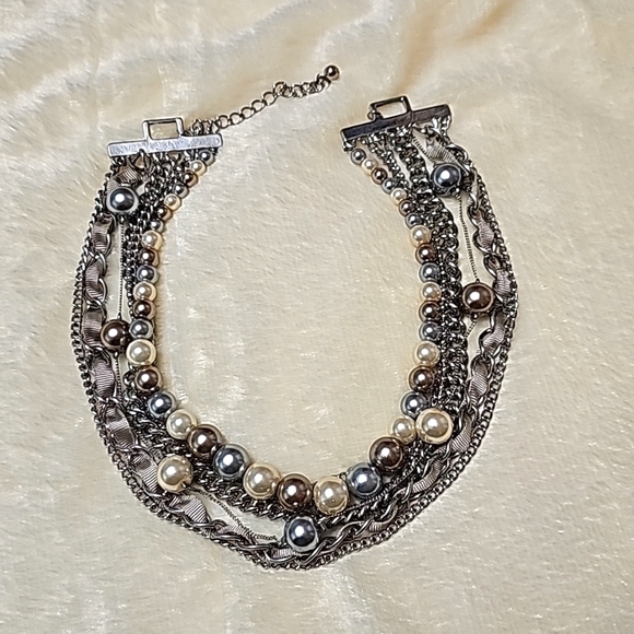 Vintage 80's Multi-Strand Pearl Ribbon Choker Necklace Costume Jewelry Silver - Picture 2 of 6